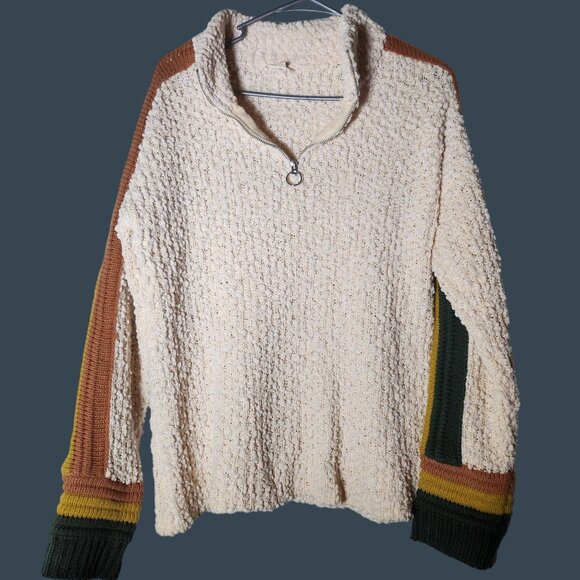 Vintage Inspired Retro Cream Half Zip Sweater Popcorn Multicolor Striped Sleeves - Picture 4 of 4